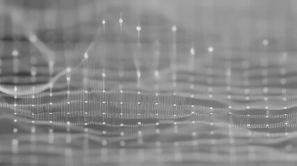 Wall Mural - digital waveforms dancing in sync with invisible music, minimalistic lines and dots, monochrome back