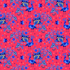 Wall Mural - Seamless rhythmic pattern in indian style with blue fabulous peacock, leaves - paisley, berries and flowers on red background. Bright boho print for fabric.