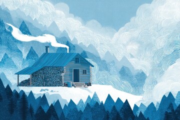 Poster - Cozy Mountain Cabin Surrounded by Snow and Towering Peaks Under a Serene Winter Sky