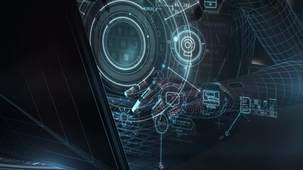 Wall Mural - programmer using laptop with holographic user interface and futuristic keyboard