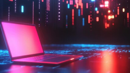 Abstract cybernetic concept laptop with neon glow against a futuristic tech backdrop
