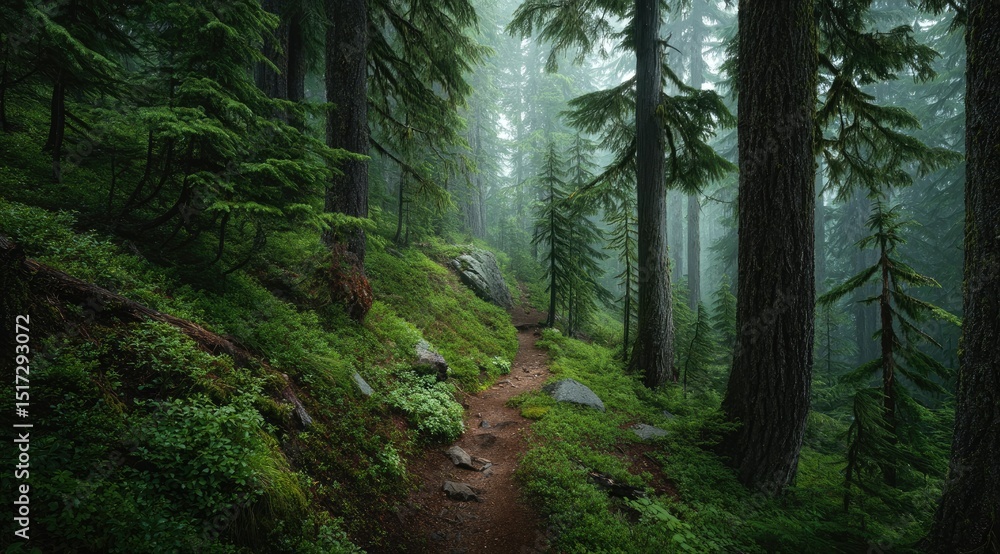 Misty forest path winds uphill through lush, moss-covered terrain, tall ...