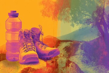 Poster - Enjoying a Summer Hike With Hiking Boots and a Water Bottle on a Vibrant Trail Surrounded by Nature
