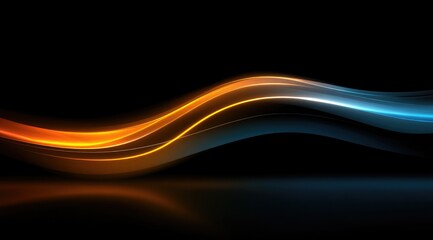 Wall Mural - Glowing orange and blue waves curve across a reflective black surface, creating a dynamic and abstract design