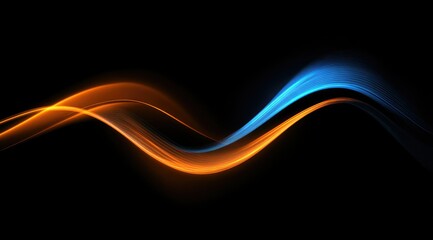 Wall Mural - Abstract artwork featuring two luminous, wavy lines; one orange, one blue, flowing against a stark black backdrop, creating a dynamic, contrasting visual