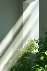 Poster - Sunlit Green Plant Leaves by Minimalist Window with Natural Light Stream - Sustainable Interior Design and Calm Wellness Ambiance for Modern Spaces