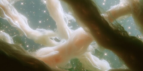 Aufkleber - Quantum entanglement visualization with cosmic energy waves and neural-like patterns in deep space for scientific and tech digital marketing