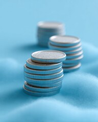 Aufkleber - Public sector financial growth depicted by ascending silver coin stacks on blue surface, symbolizing strategic capital expansion and investment trends