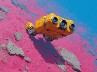 Poster - Advanced Yellow Underwater Drone Exploring Vibrant Ocean Trench with Robotic Arms for Marine Research and Deep-Sea Technology Innovation