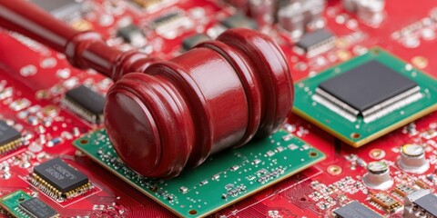 Poster - Economic justice concept with wooden gavel on red circuit board and microchips symbolizing AI regulation and digital governance in legal technology