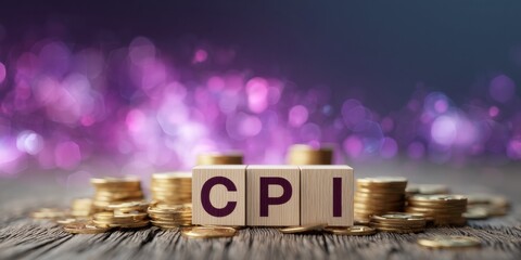 Poster - CPI Wooden Blocks with Dollar Bills and Coin Stacks on Textured Surface Symbolizing Economic Measurement and Monetary Policy Impact in Finance