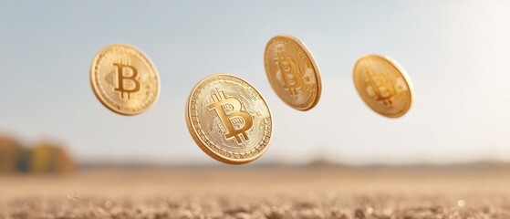 Poster - Floating Cryptocurrency Revolution Bitcoin Coins Suspended in Minimalist Landscape - Digital Finance Transformation and Blockchain Investment Visualization