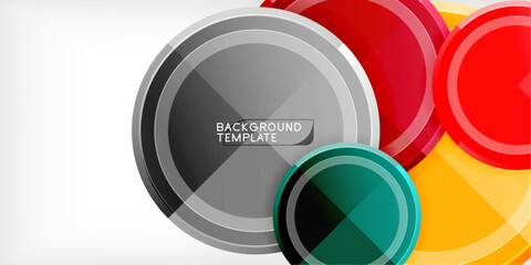 Poster - Abstract circles overlap, creating vibrant design. Colors include red, gold, teal, gray. Modern template for backgrounds, presentations.