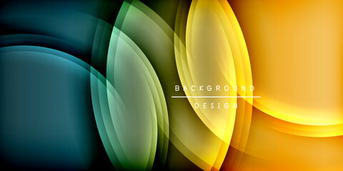 Poster - Abstract flowing shapes, vibrant colors, dark background. Modern design elements create dynamic visual effect. Smooth gradients present elegance.