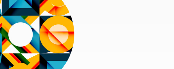 Poster - Abstract geometric shapes, vibrant colors, modern design. Composition features orange, blue, white elements. Clean aesthetic, minimalist style.