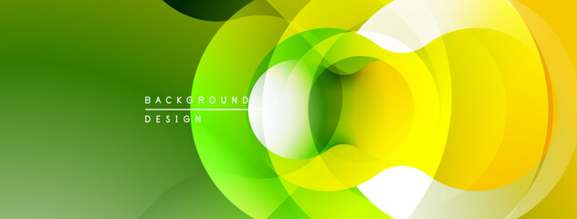 Fototapete - Abstract circular shapes overlap, creating vibrant green, yellow hues. Modern design element for backgrounds, banners, presentations.