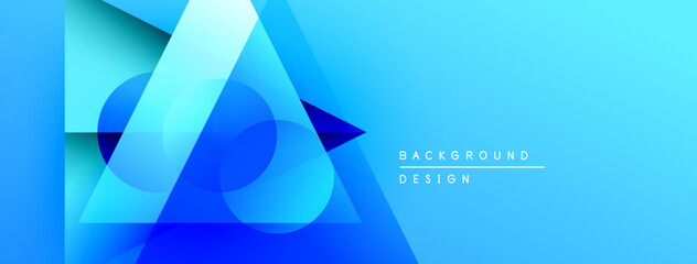 Fototapete - Abstract blue geometric shapes overlap creating dynamic background. Gradient effect adds depth, modern feel. Minimal text present.