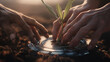 © Curioso.Photography - Hands planting a green seedling into futuristic digital soil, symbolizing eco-technology and sustainability.