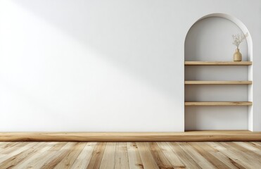 Poster - Light filled minimalist interior features white wall, arched shelves, and natural oak wood floor, creating serene and spacious ambiance
