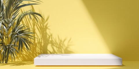 Poster - White rectangular tabletop for product presentation casting a shadow on a yellow background, with a palm tree casting a shadow on the wall, minimal, summer scene