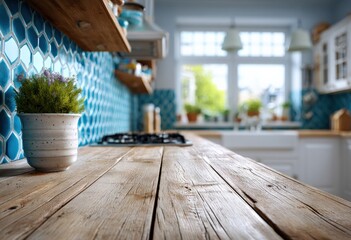 Aufkleber - Empty wooden table with blurred modern kitchen in the background, perfect for product placement
