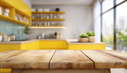 Aufkleber - Featuring an empty wooden table set in a modern yellow kitchen, providing an ideal surface for product placement and styling opportunities