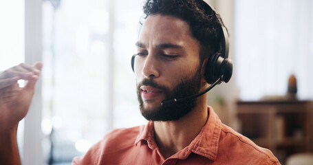 Poster - Man, headset and explanation for remote work, virtual receptionist or assistant for help in home. Male person, call center and customer service hotline with agent, talk and conversation for support