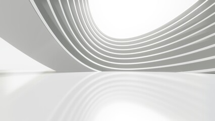 Poster - Abstract white curved architecture background, Empty wavy space with reflected concrete floor, Futuristic modern interior backdrop, 3d rendering of circular building
