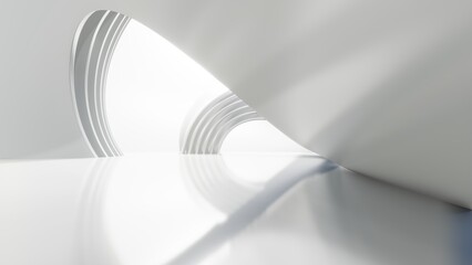 Aufkleber - Abstract white curved architecture background, Empty wavy space with reflected concrete floor, Futuristic modern interior backdrop, 3d rendering of circular building