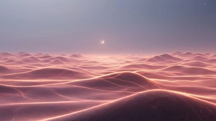 Digital desert terrain formed by glowing lines and a soft misty horizon
