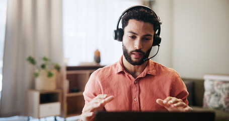 Aufkleber - Man, headset and laptop in home for remote work, virtual receptionist or assistant for help. Male person, call center and customer service hotline with agent, talk and explanation for support