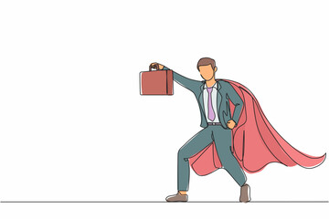 Wall Mural - continuous one line drawing male businessman superhero standing with suitcase. portrait of young off