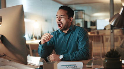Poster - Tired, businessman and night with yawn for fatigue, overworked or deadline at office desk. Exhausted, lazy man or sleepy employee working late in burnout for insomnia, pressure or rest at workplace