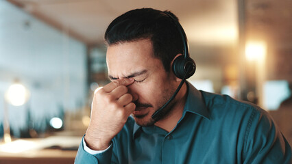Aufkleber - Night, customer service and man in office, headache and burnout with deadline, pressure and tension. Evening, person and agent in workplace, migraine and stress with pain, call center and fatigue