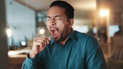 Poster - Tired, businessman and night with yawn at office for overworked, fatigue or deadline. Exhausted, lazy man or sleepy employee working late in burnout for insomnia, pressure or rest at workplace