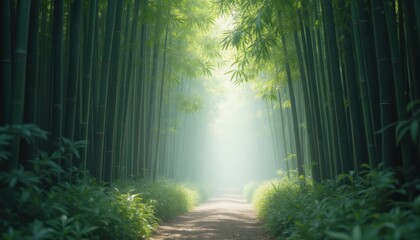 Poster - Misty path through serene bamboo forest during daytime