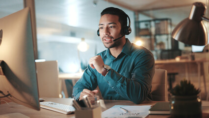 Aufkleber - Computer, headset and solution with man in call center for assistance, help pr support at night. Communication, contact us and explain with person at office for online customer service in evening