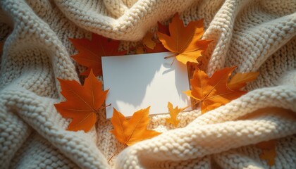 Aufkleber - Blank card surrounded by colorful maple leaves indoors in autumn