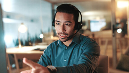 Aufkleber - Computer, explain and headset with man in call center for assistance, help or support at night. Communication, contact us and solution with person at office for online customer service in evening