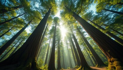 Poster - Majestic tall trees in serene forest with sunlight filtering through