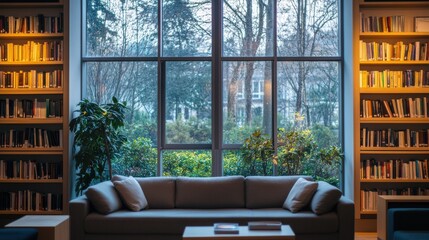 Aufkleber - Serene reading room with sofa and potted plants by window
