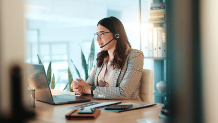 Aufkleber - Business woman, consultant and laptop with headset for communication or online advice at office. Female person, employee or agent talking on computer for virtual assistance, app or help at workplace