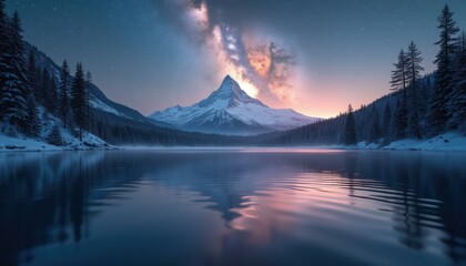 Poster - Majestic mountain lake under starry night sky with Milky Way