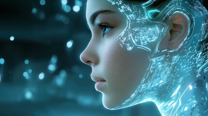 Poster - Young woman with circuitry overlay in a futuristic digital environment