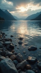 Poster - Serene sunset over tranquil lake with ripples and mountains