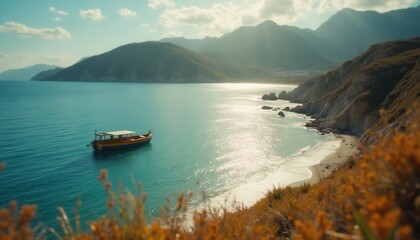 Poster - Boat floating in serene coastal scenery with mountains