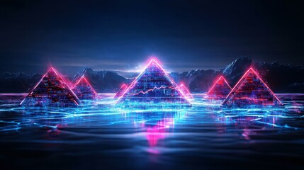 Aufkleber - Three glowing pyramids reflecting in water at snowy mountains night