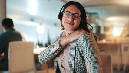 Aufkleber - Frustrated, business woman and night with shoulder pain for fatigue or muscle tensin at office. Female person, consultant or agent working late with sore ache or injury for bad posture or overworked