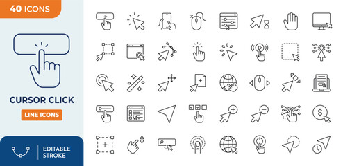 pointer and cursor line editable icon set. containing touch gesture, selection, computer mouse, arro