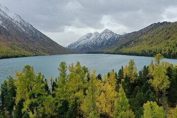 lake in the taiga, drone view, northern nature, forest near the lake landscape, top view